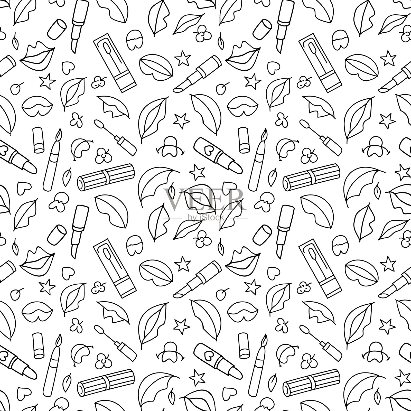 嘴唇和口红。带有嘴唇、口红、心形和星星的矢量无缝图案。插画图片素材