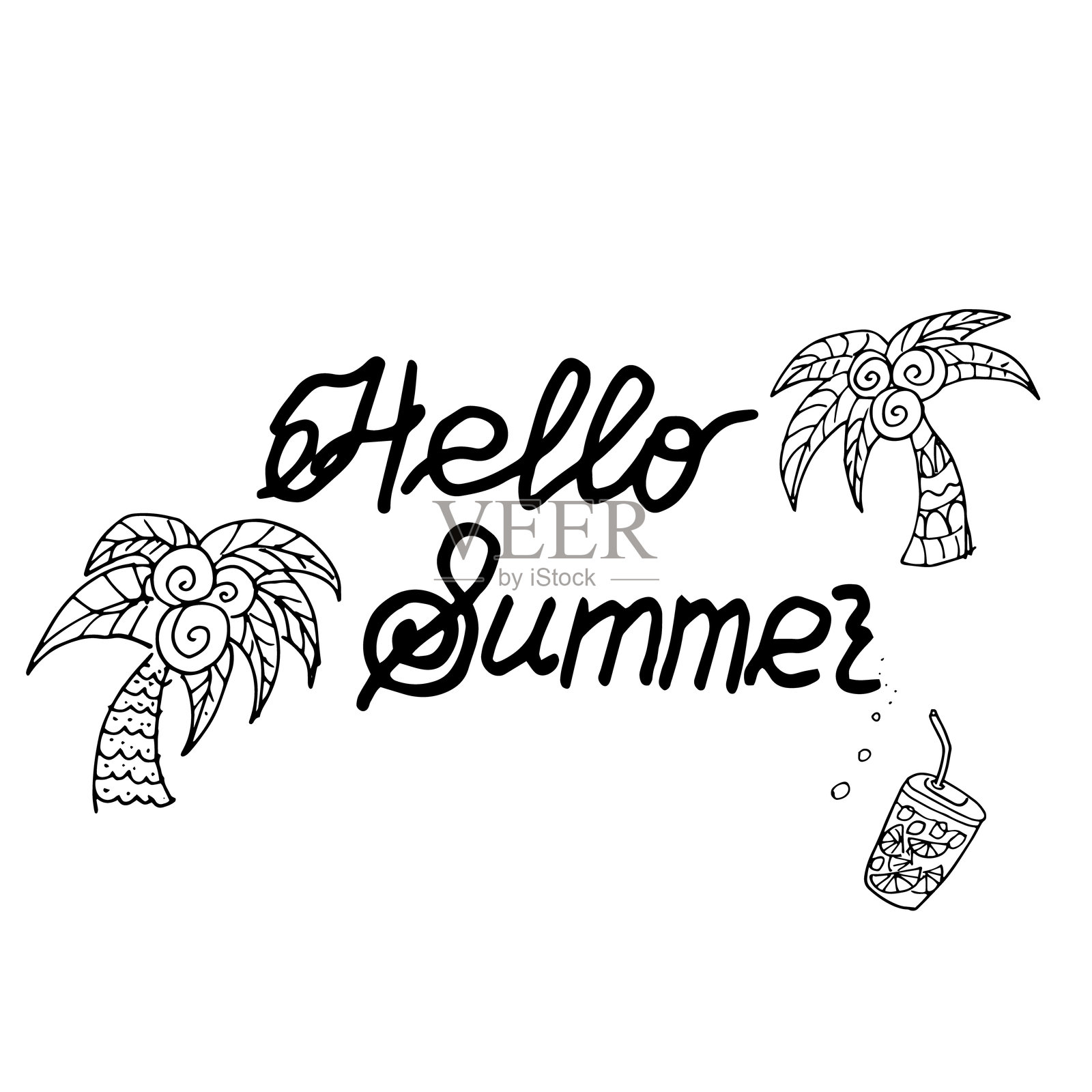 手绘插图：问候夏天的字母艺术，棕榈树和柠檬水，适用于纺织设计、餐具和印刷的矢量图形涂鸦组合插画图片素材