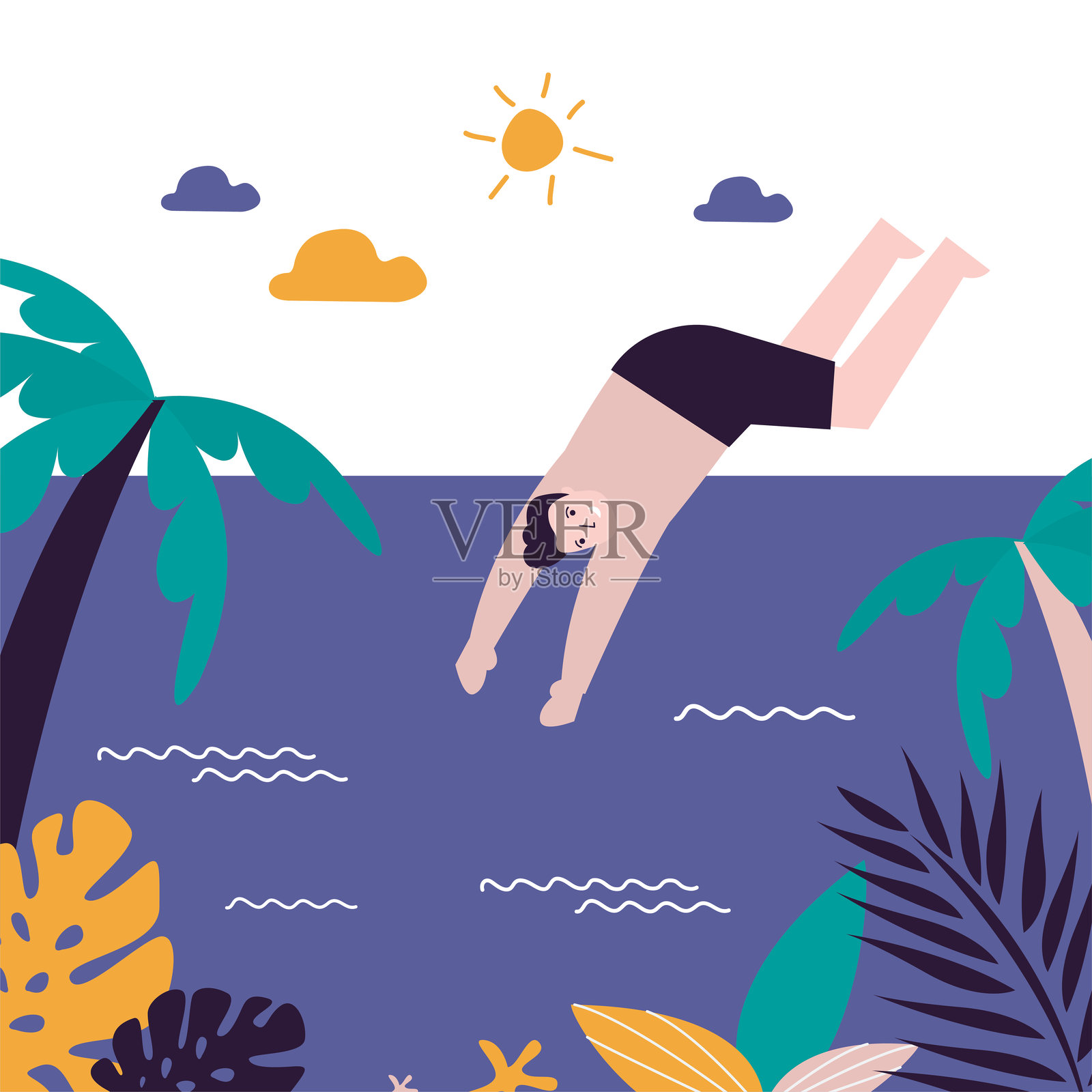 快乐的男人跳入水中。穿着短裤的男人在水中游泳，海洋或大海，男性角色穿着泳衣。热带风景。年轻成年人穿着泳装，夏季户外运动活动。插画图片素材