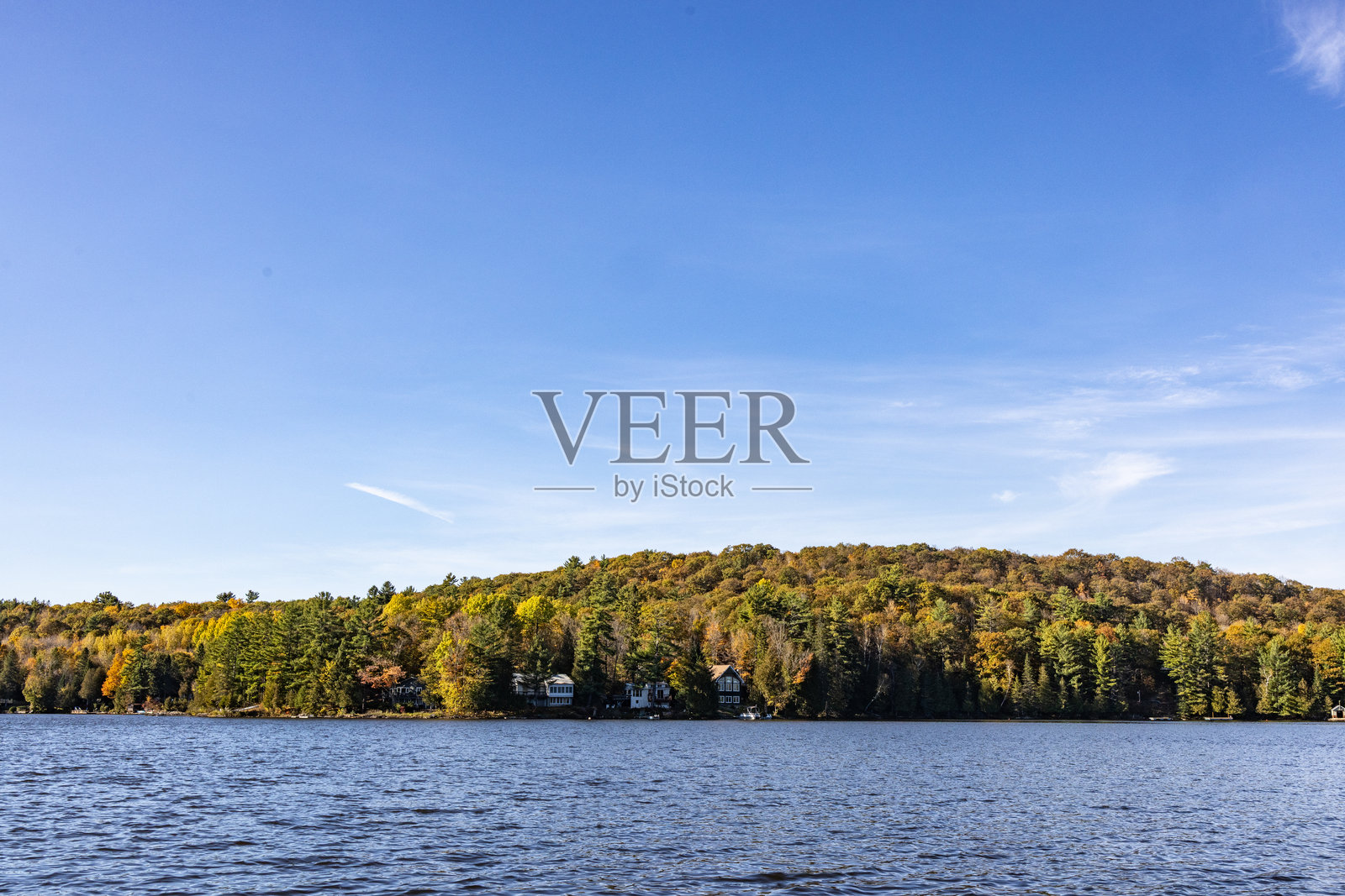 宁静湖泊和森林山丘在晴朗蓝天下的美丽景色照片摄影图片