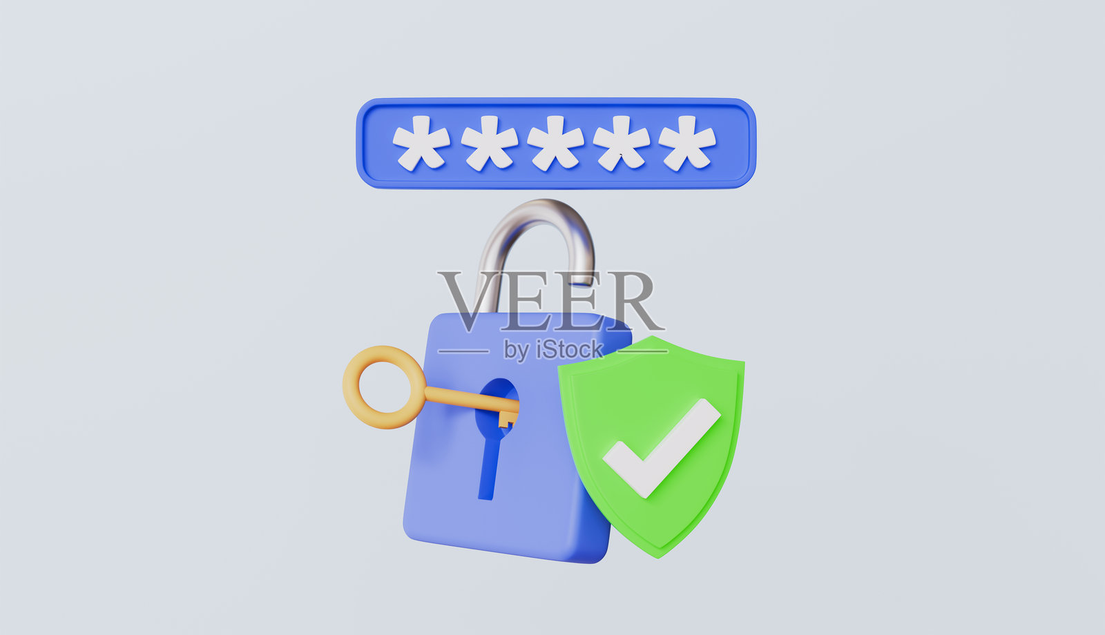 带锁的钥匙和带有交叉标记的绿色盾牌，密码验证，登录失败，未经授权的用户，密码认证概念照片摄影图片