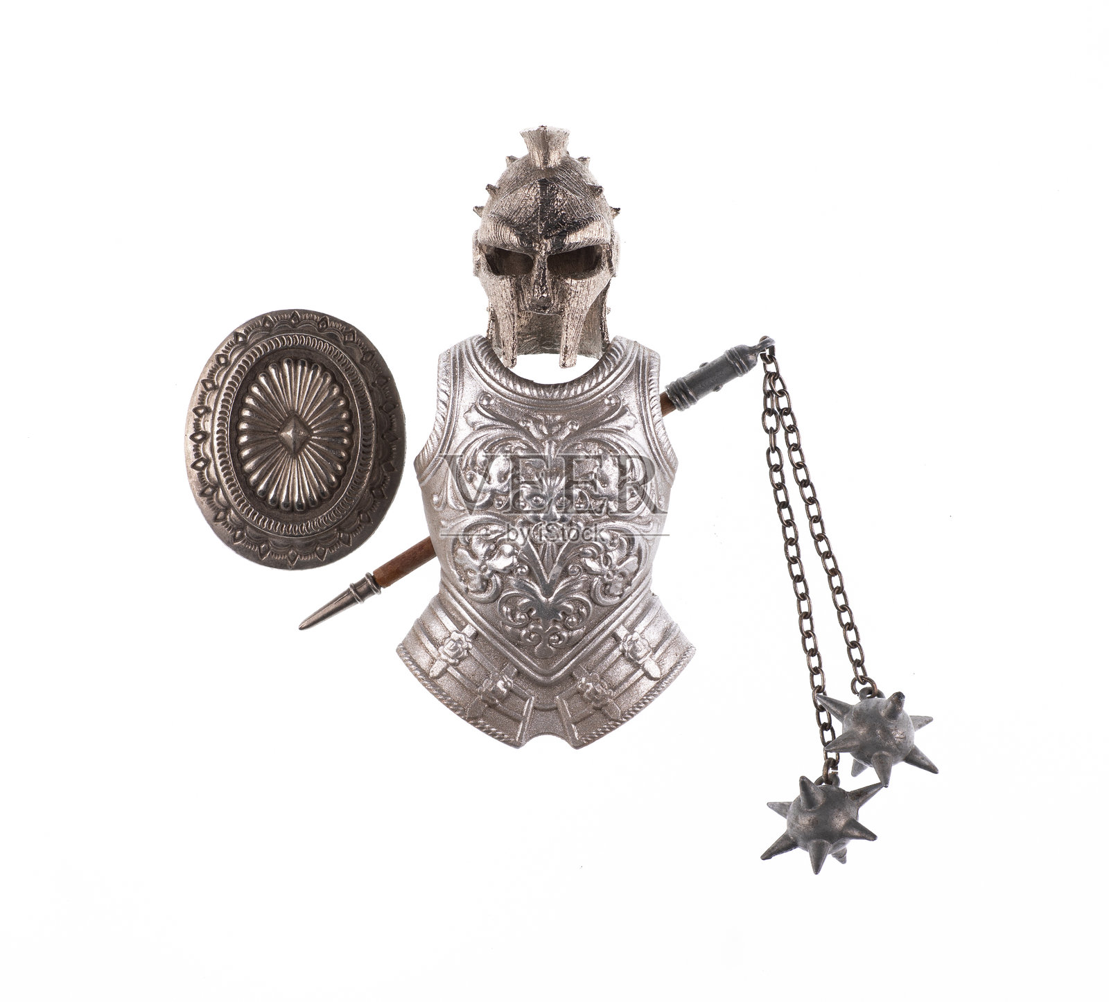 骑士胸甲和武器，孤立在白色背景上照片摄影图片