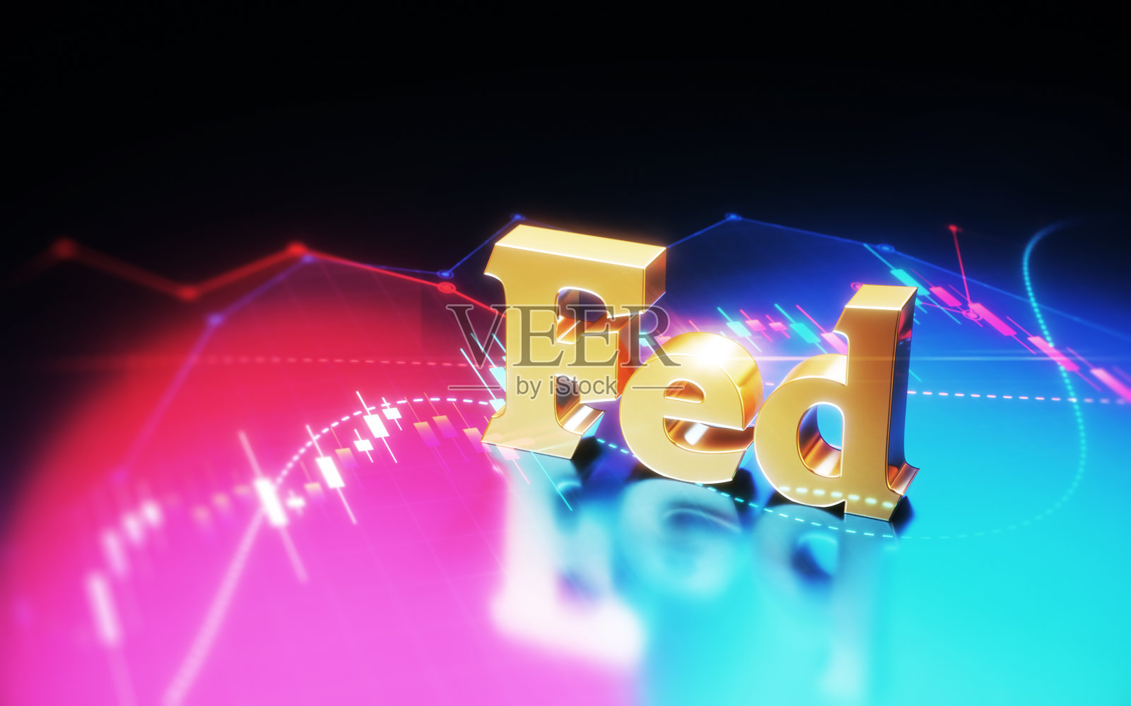 联邦储备系统（FED）文本在红蓝金融图表上，景深效果照片摄影图片