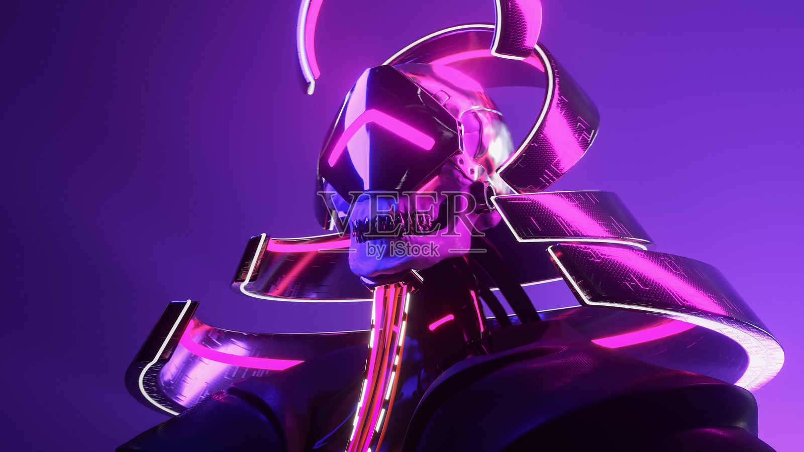 未来派恐怖死灵法师的3D渲染肖像，手持人类头骨。照片摄影图片