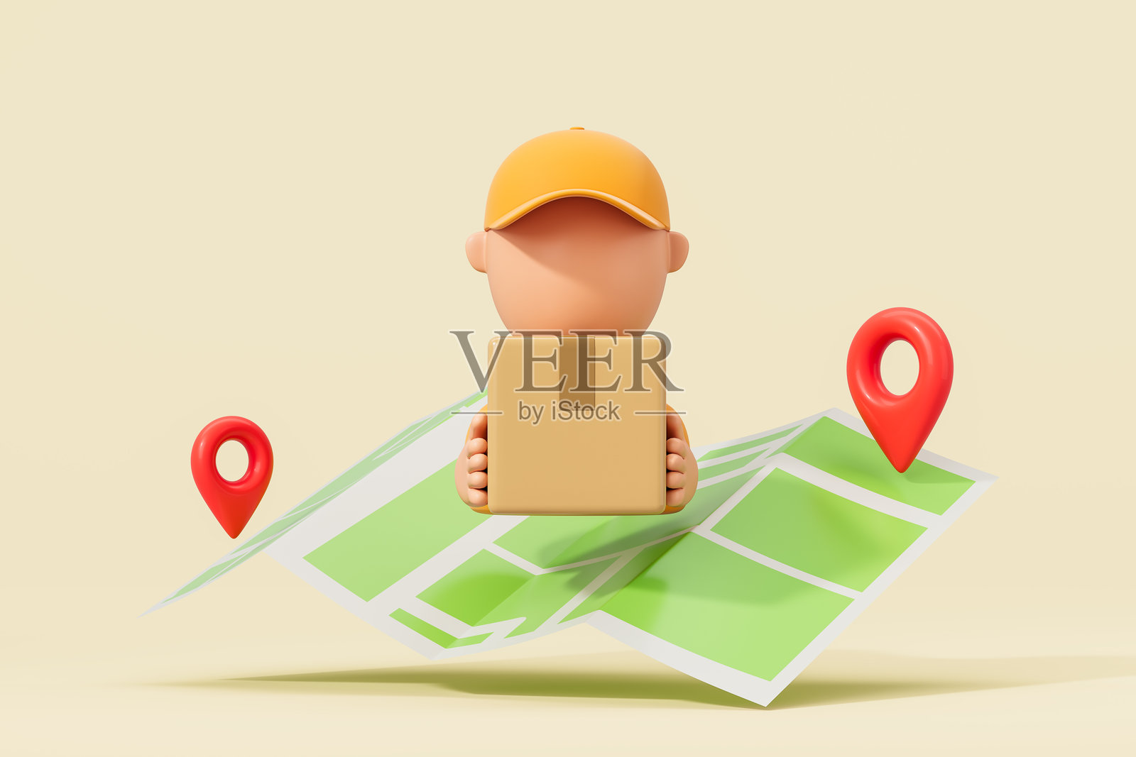 快递员手持包裹和带有位置标记的地图的快递追踪概念。3D渲染。照片摄影图片