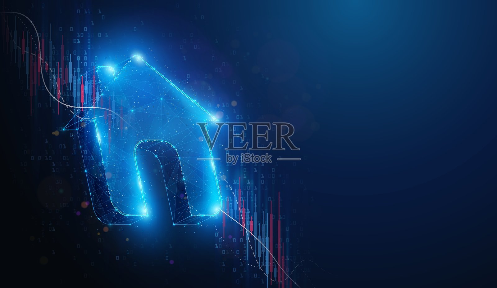 低多边形房屋与股市崩盘图表。蓝色背景上的抽象几何插图，展示了房屋、住宅、物业和房地产市场评估的金融概念，采用线框网格形式。插画图片素材