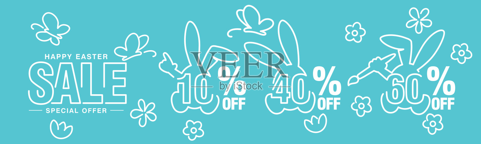 复活节快乐促销特别优惠，10%、40%和60%折扣，绿色兔子，负空间，折扣线条艺术，轮廓数字贴纸，青绿色背景插画图片素材