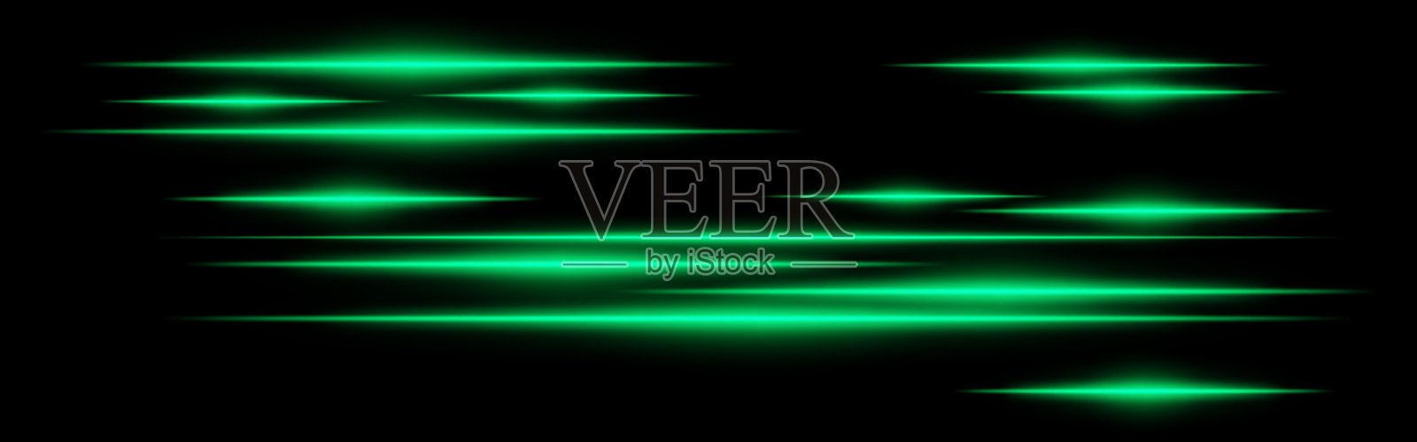 黑色背景上的发光绿色光带。水平霓虹光束创造出高速运动效果，象征着未来的能量和数字加速。科幻、网络、抽象设计插画图片素材