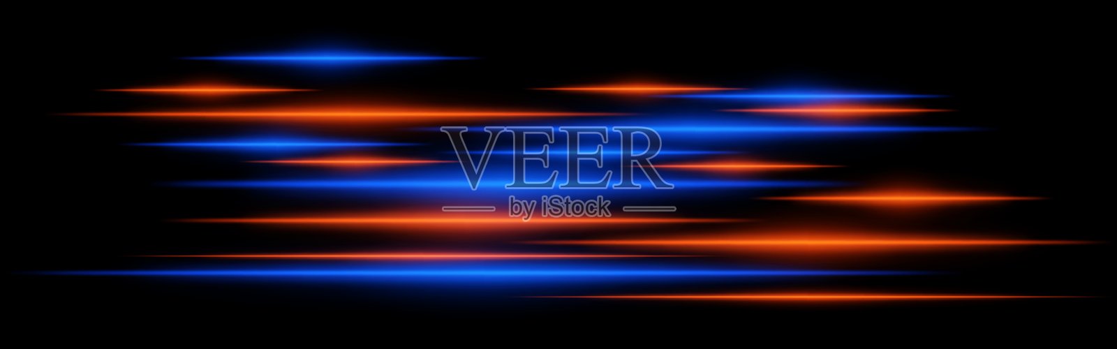 黑色背景上的蓝色和橙色光带闪烁。水平霓虹光束创造出高速运动效果，代表未来科技和数字能量。插画图片素材