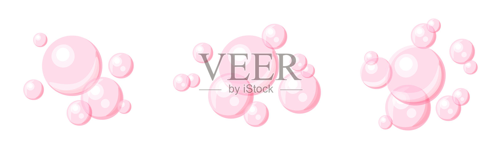 一组粉色卡通风格的肥皂泡。可爱的透明气泡矢量插图，独立于白色背景。不同大小的粉色肥皂泡：大、中、小。泡沫。插画图片素材