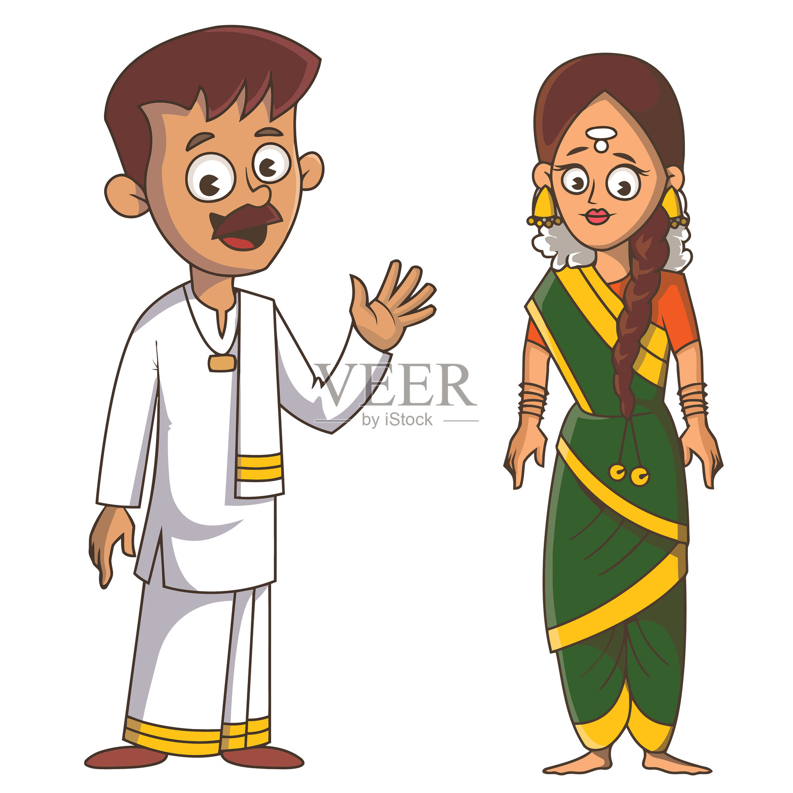 泰米尔纳德邦夫妇的矢量卡通插图。背景为白色。插画图片素材
