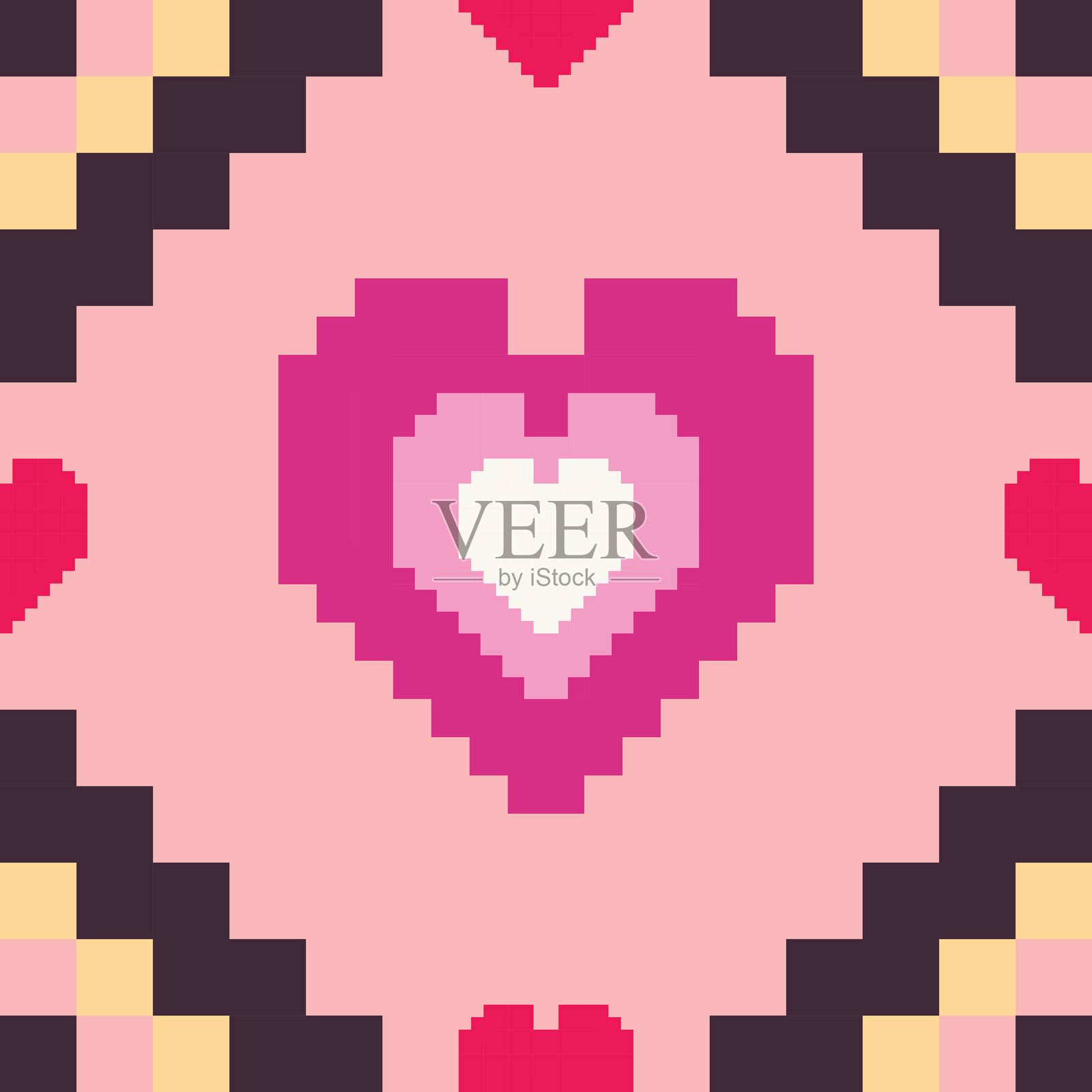 粉色调的像素艺术心形和几何色块图案插画图片素材