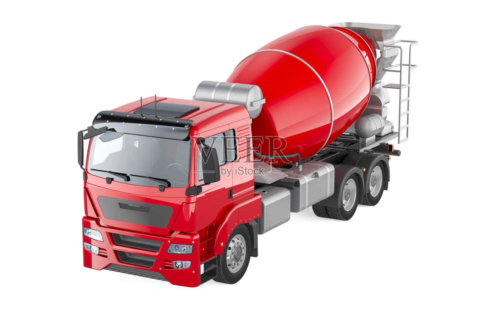 红色混凝土车，水泥搅拌车。3D渲染照片摄影图片