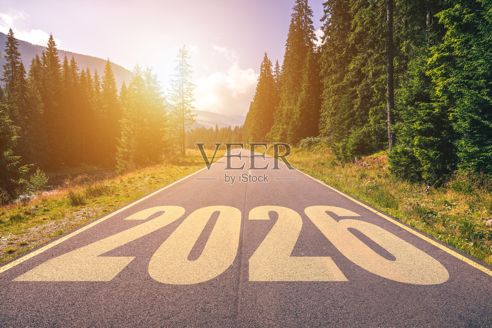 穿过森林的风景道路，阳光明媚，路面上画着2026年。空旷的沥青道路和2026年新年概念。在通往即将到来的2026年的山间空旷道路上行驶。照片摄影图片