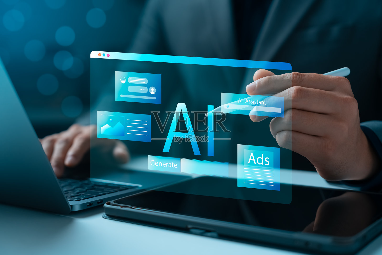 人类与人工智能合作，利用智能AI技术。照片摄影图片