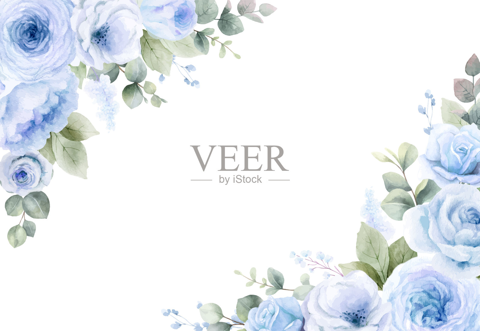 带有蓝色玫瑰花、桉树枝和叶子的花卉矢量角落边框框架。非常适合圣诞卡、婚礼文具、问候语、壁纸和装饰。手绘插图。插画图片素材