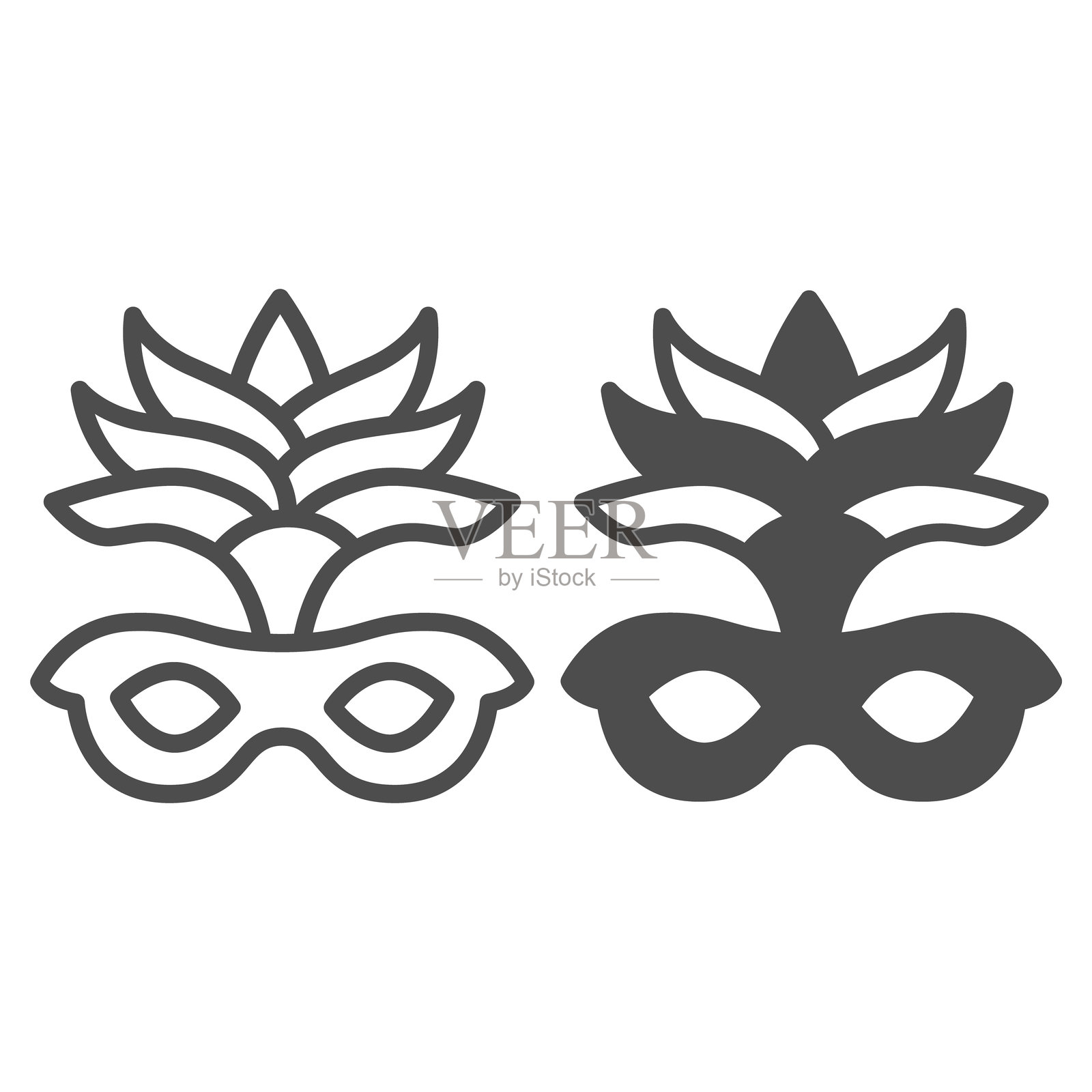 节日面具与羽毛的线条和实心图标，热带旅行概念。矢量图形。狂欢节活动复古面具，白色背景上的匿名标志，适用于移动或网页设计的轮廓风格图标。插画图片素材