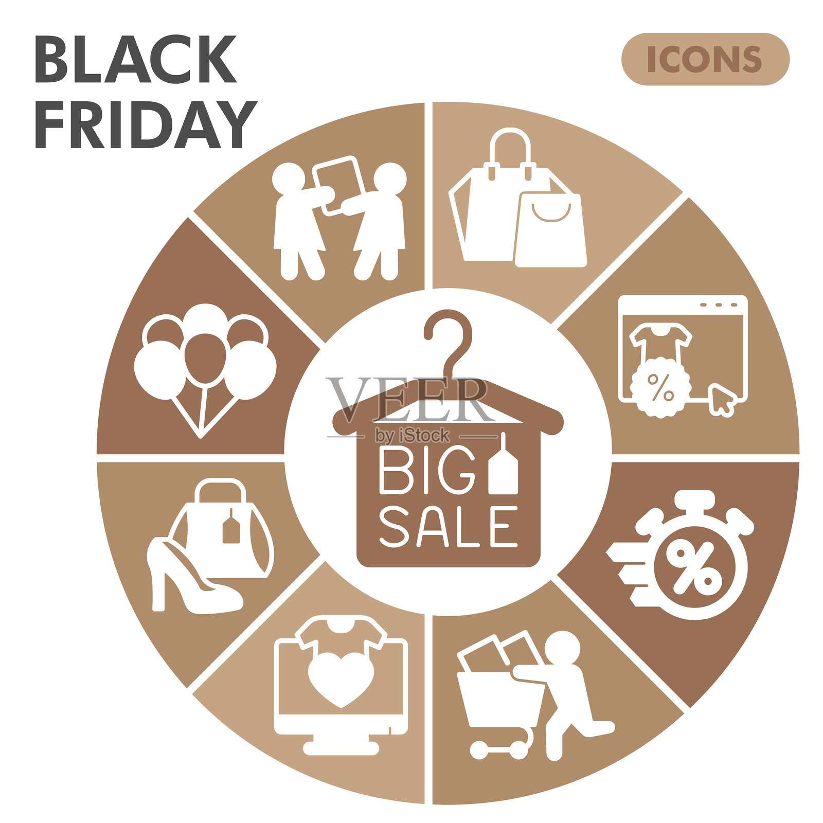 黑色星期五符号集合或草图，购物主题饼图图标，适用于网页和应用的图形风格标志。矢量图形，背景为白色。插画图片素材