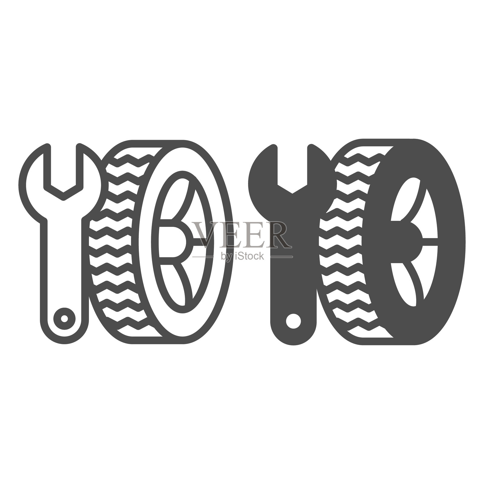 扳手工具与汽车轮胎的线条和实心图标，轮胎安装概念。矢量图形。更换轮胎，汽车服务标志，白色背景上的轮廓风格图标，适用于移动或网页设计。插画图片素材