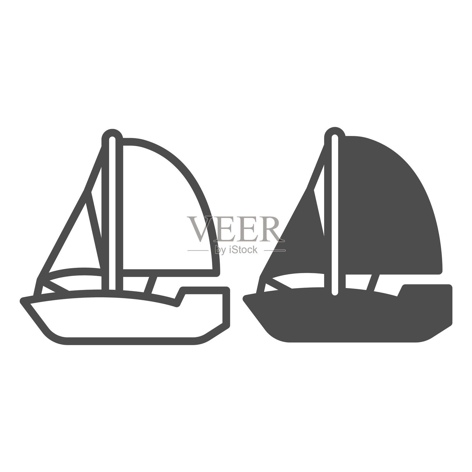 带帆的游艇船只线条和实心图标，热带航行概念。矢量图形。帆船旅行，水上交通标志，白色背景上的轮廓风格图标，适用于移动或网页设计。插画图片素材