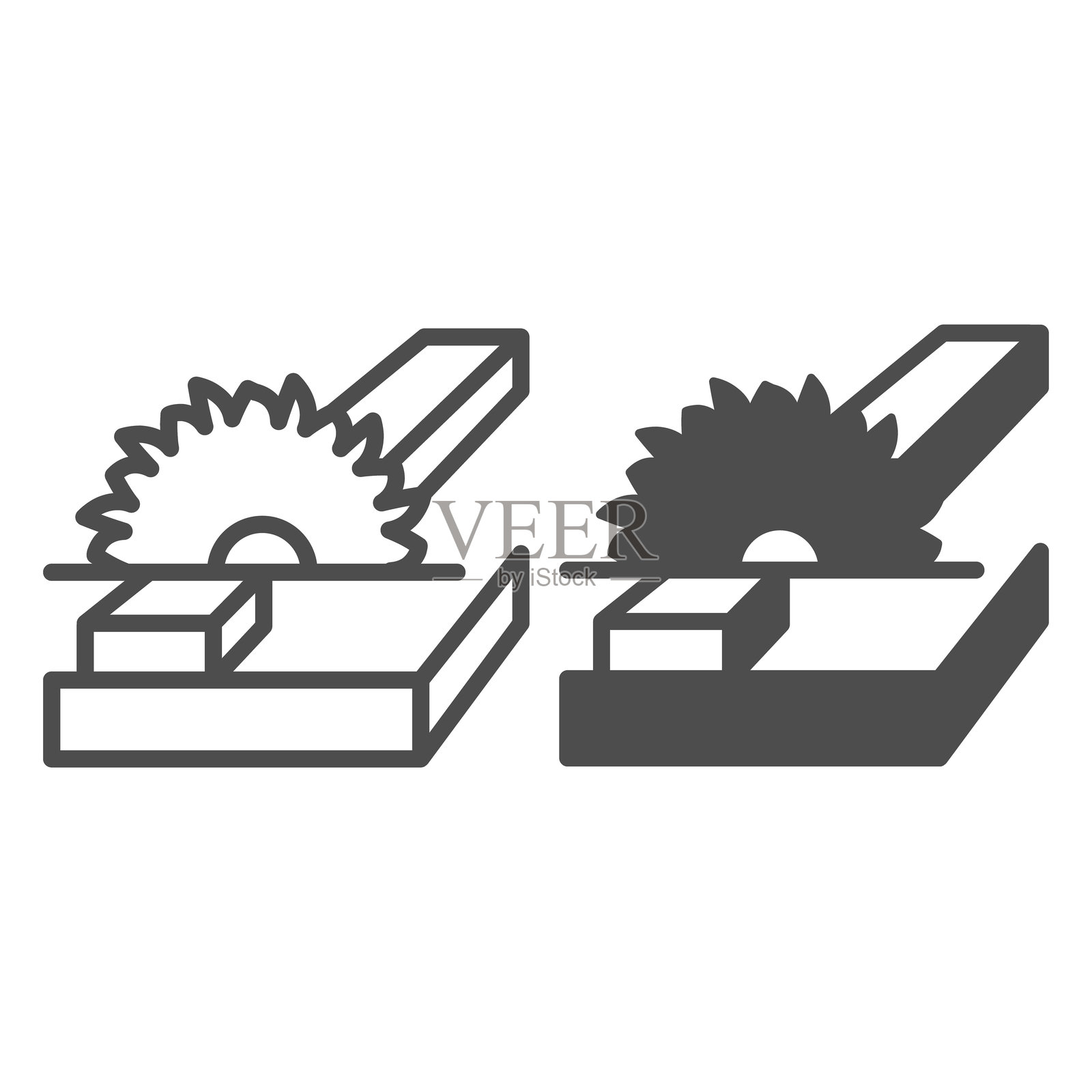 圆锯与木板线和实心图标，森林工业概念。矢量图形。木材锯切设备，白色背景上的木工标志，适用于移动或网页设计的轮廓风格图标。插画图片素材