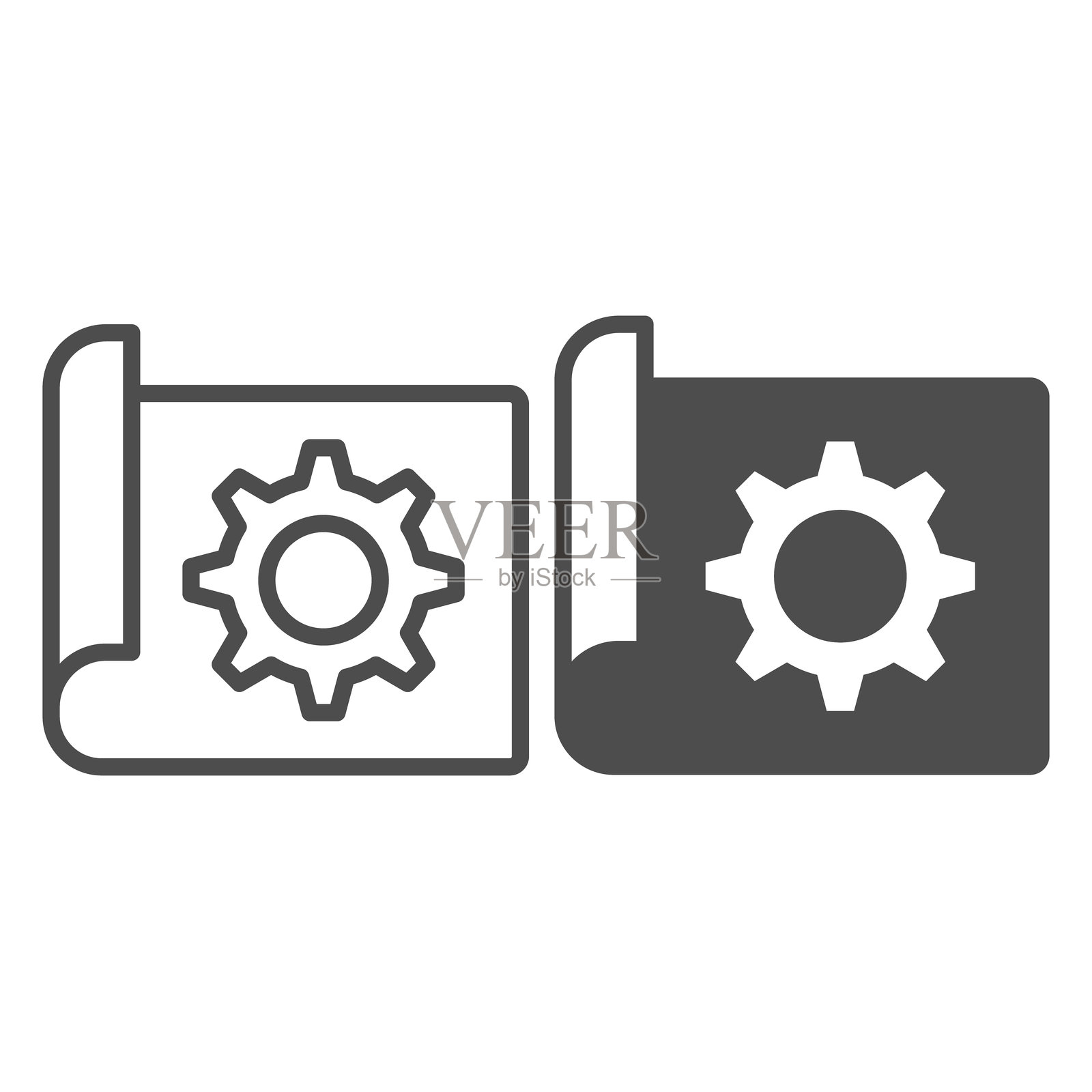 带齿轮线条和实心图标的项目文件，维修服务概念。矢量图形。白色背景上的蓝图和齿轮，工程标志，适用于移动或网页设计的轮廓风格图标。插画图片素材