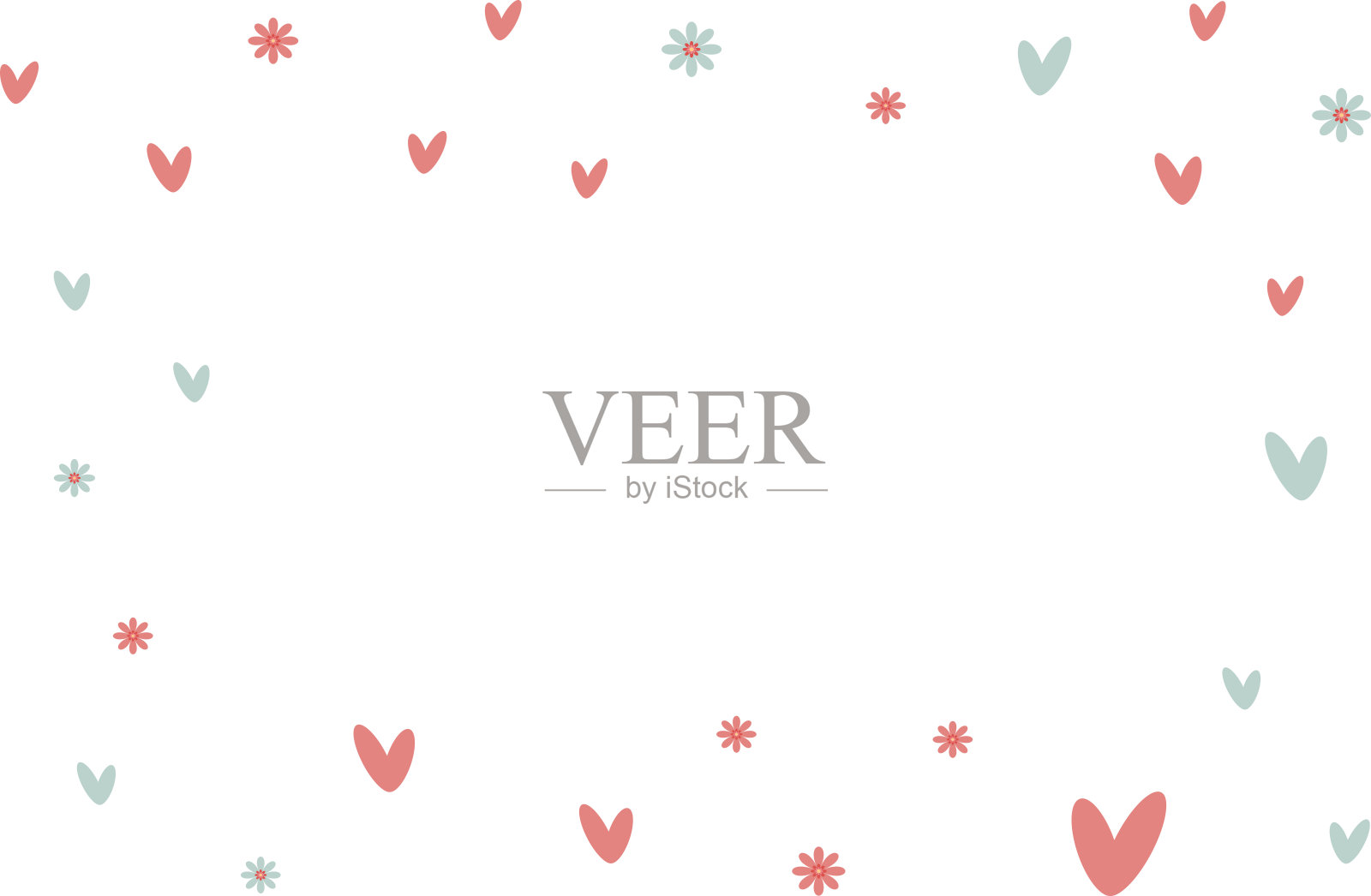 粉色和蓝色的心形花卉框架，留有空白供问候文字使用插画图片素材