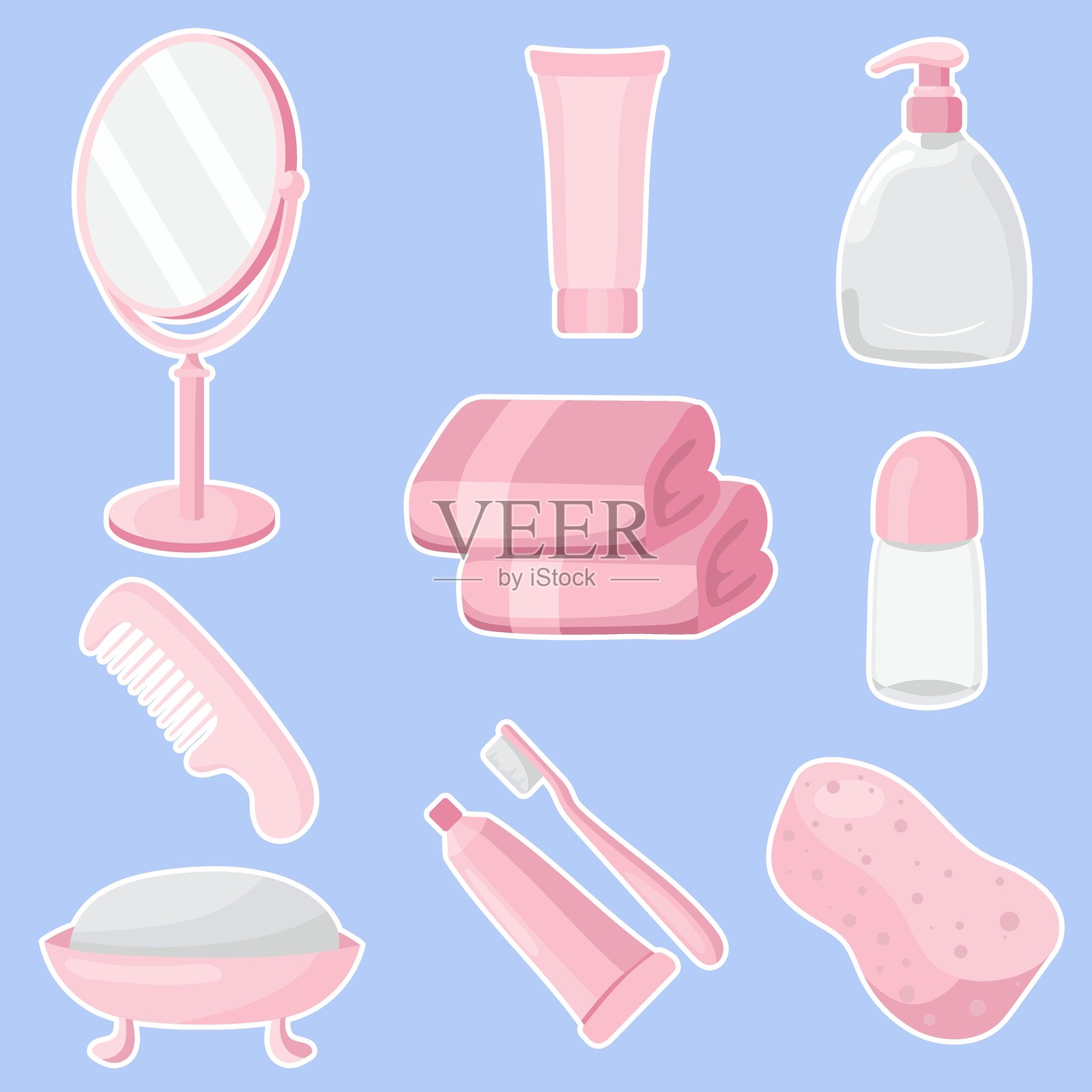 个人卫生套件图标。镜子、毛巾、肥皂、梳子、牙刷、牙膏、除臭剂、液体肥皂和海绵在蓝色背景上。用于自我护理和日常美容。插画图片素材