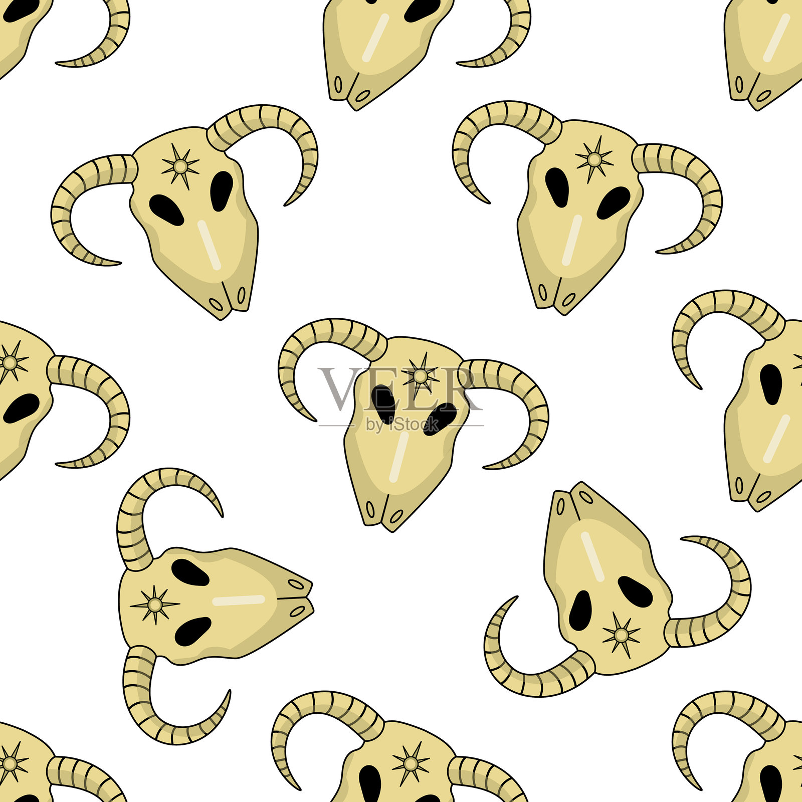 手绘的神秘公羊头骨无缝图案，采用米色和黑色调插画图片素材