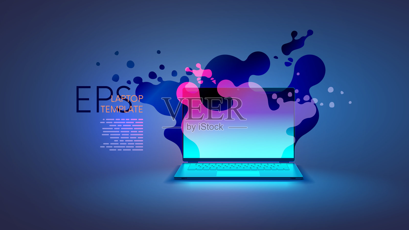 桌面上的笔记本电脑，屏幕上显示抽象液体流动背景。多媒体游戏笔记本电脑矢量正面视图。矢量模板笔记本电脑模型。电子设备广告。计算机屏幕矩阵。插画图片素材