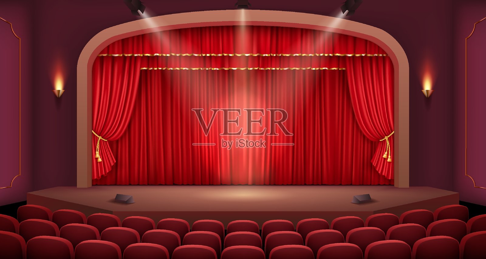 经典剧院舞台，拱形框架和红色天鹅绒帷幕插画图片素材