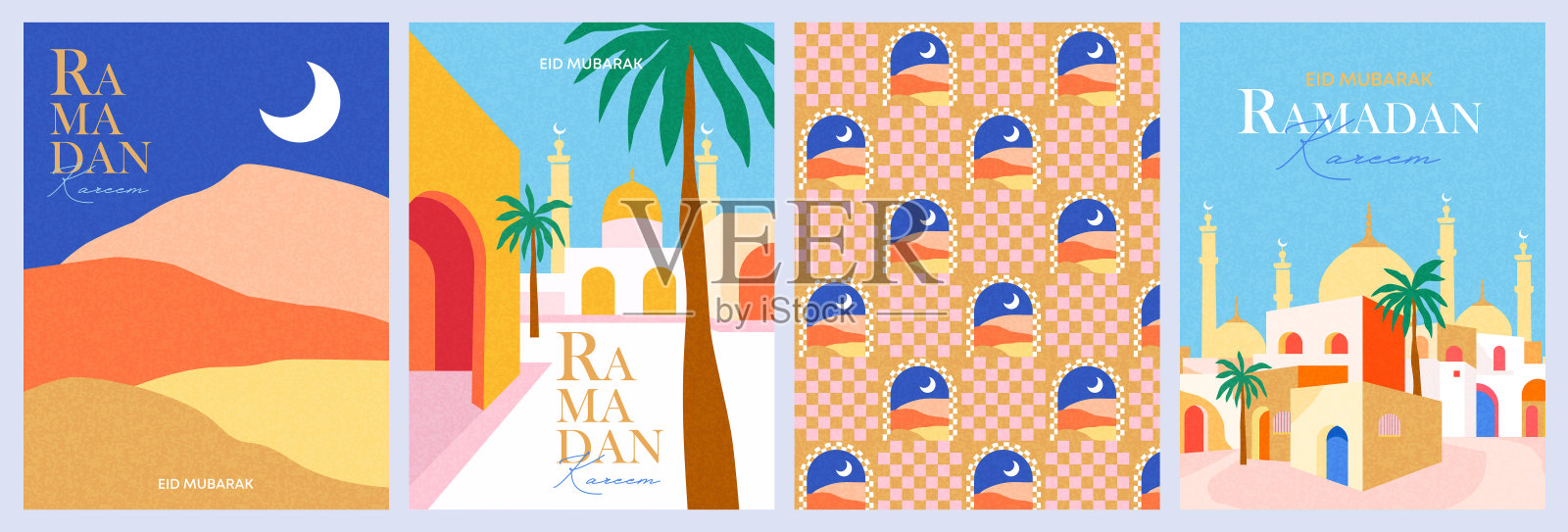 拉马丹快乐，开斋节快乐 海报、贺卡、节日封面套装。现代设计，明亮的色彩，几何图案，清真寺，古老城市，夜空中的月亮与沙丘。插画图片素材