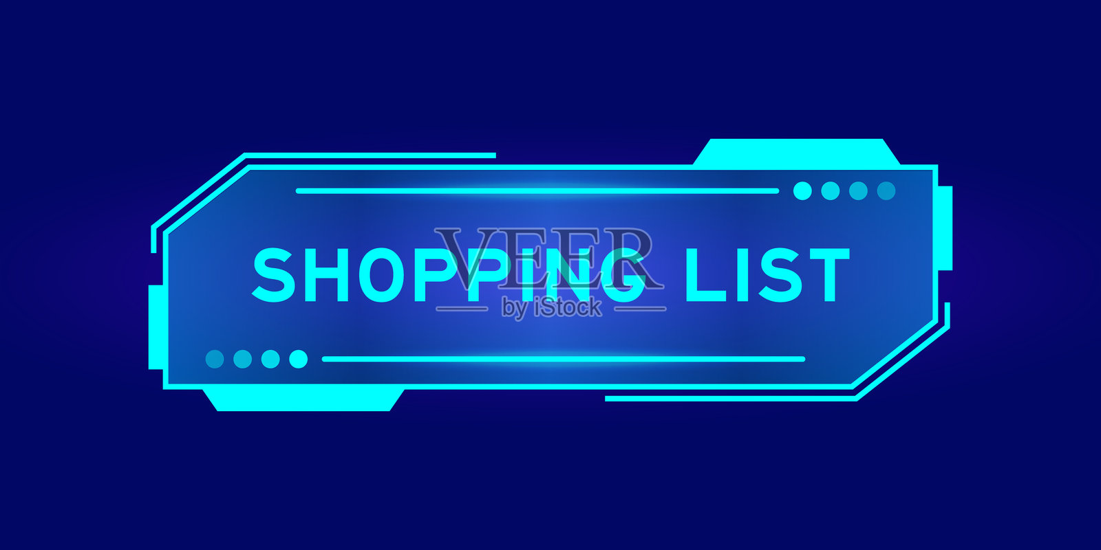 未来感的HUD横幅，界面屏幕上显示“购物清单”字样，背景为蓝色。插画图片素材