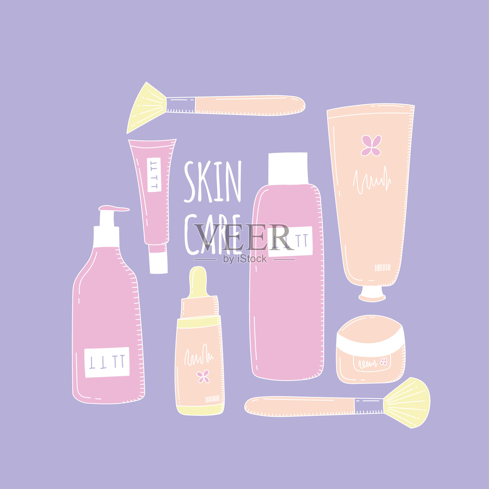 一套整洁的涂鸦风格护肤图标。柔和的色调插画图片素材