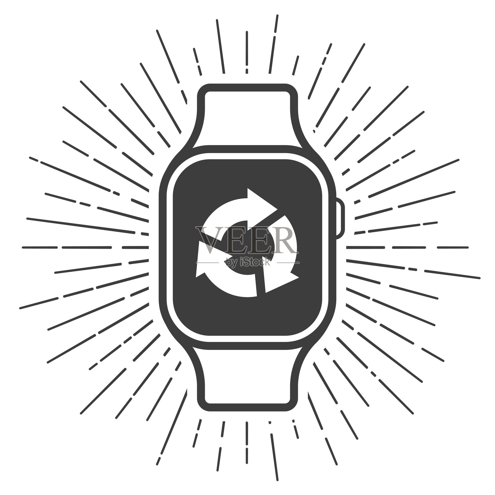 智能手表上的刷新或重载图标，背景为白色，带有阳光辐射效果插画图片素材