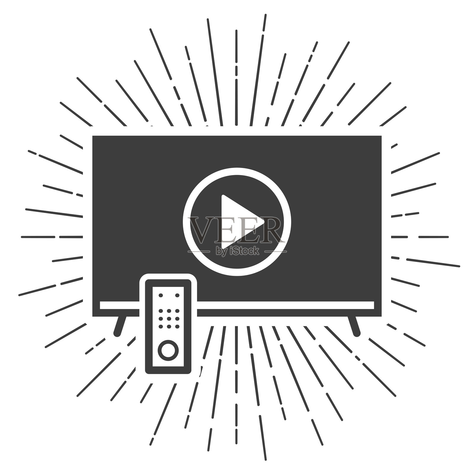 带播放按钮的电视。白色背景上的太阳光芒图标插画图片素材