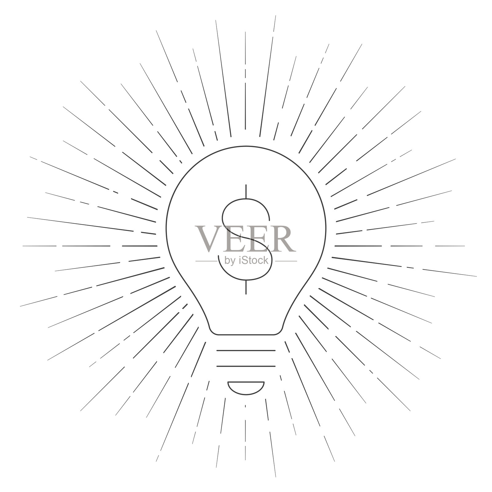 带有美元符号的灯泡。白色背景上的线条图标，周围有光芒四射。插画图片素材