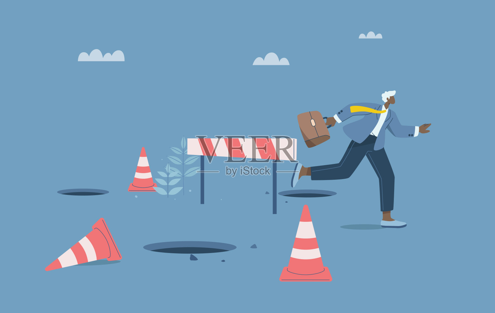 避开障碍，商业道路上的陷阱，商人穿越洞穴和障碍以实现商业成功，克服困难，获得胜利的技能和能力。插画图片素材