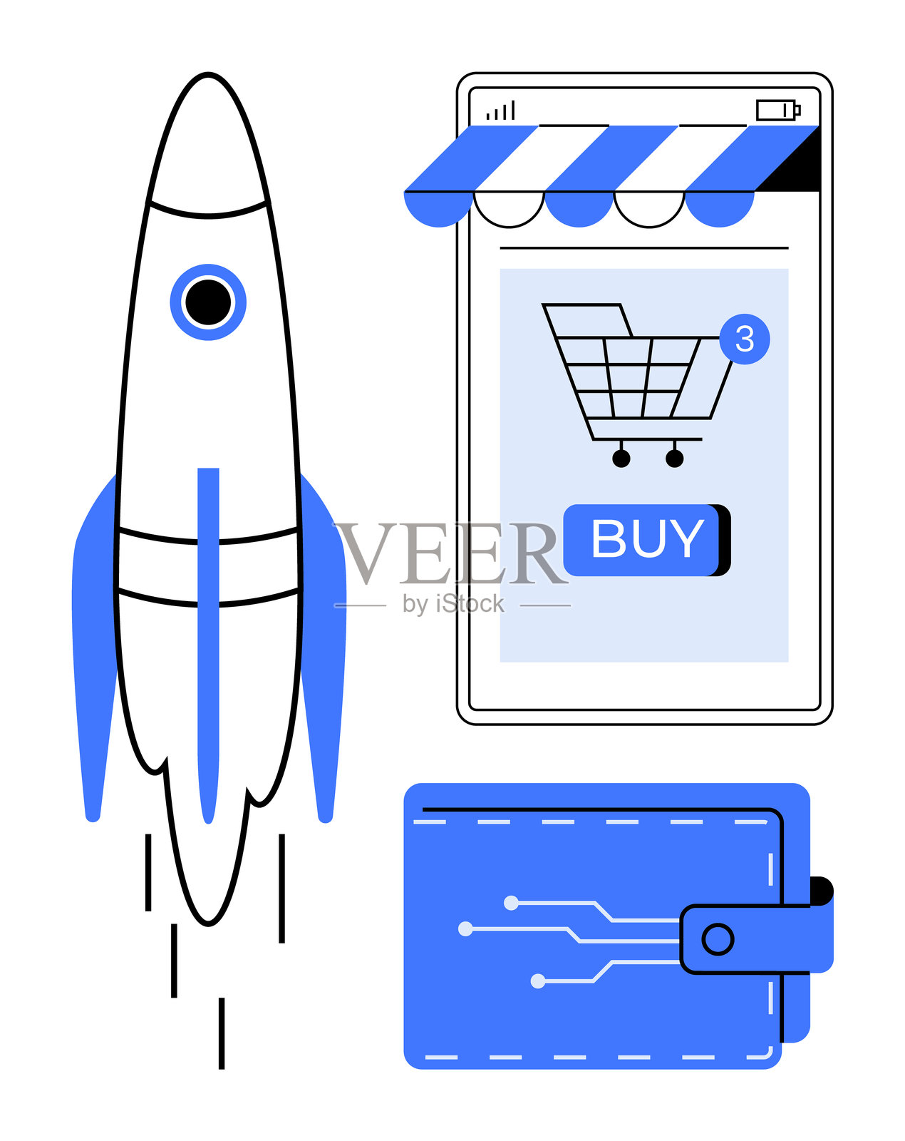 火箭、智能手机和钱包描绘电子商务和数字交易插画图片素材