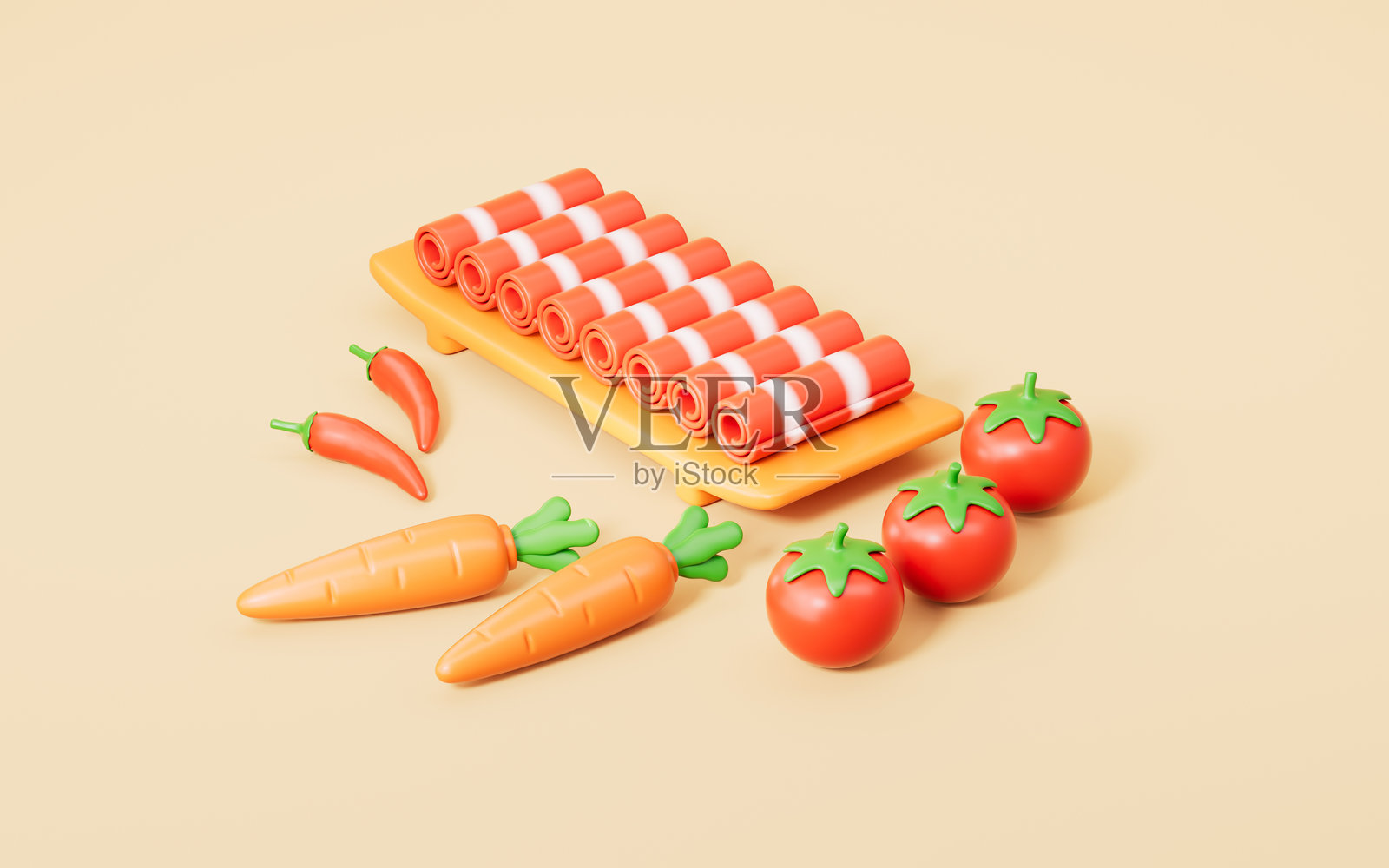 3D渲染的肉类和蔬菜，背景为黄色照片摄影图片