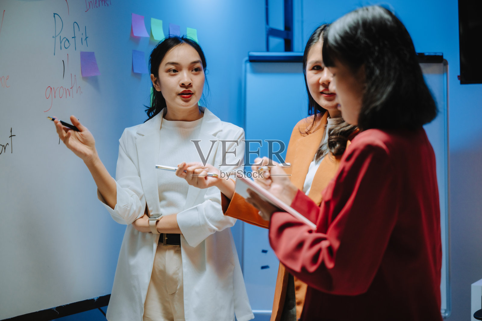 三位亚洲女商正在进行关于利润和增长的讨论，边做笔记边分享想法，会议室的白板前气氛高效。照片摄影图片