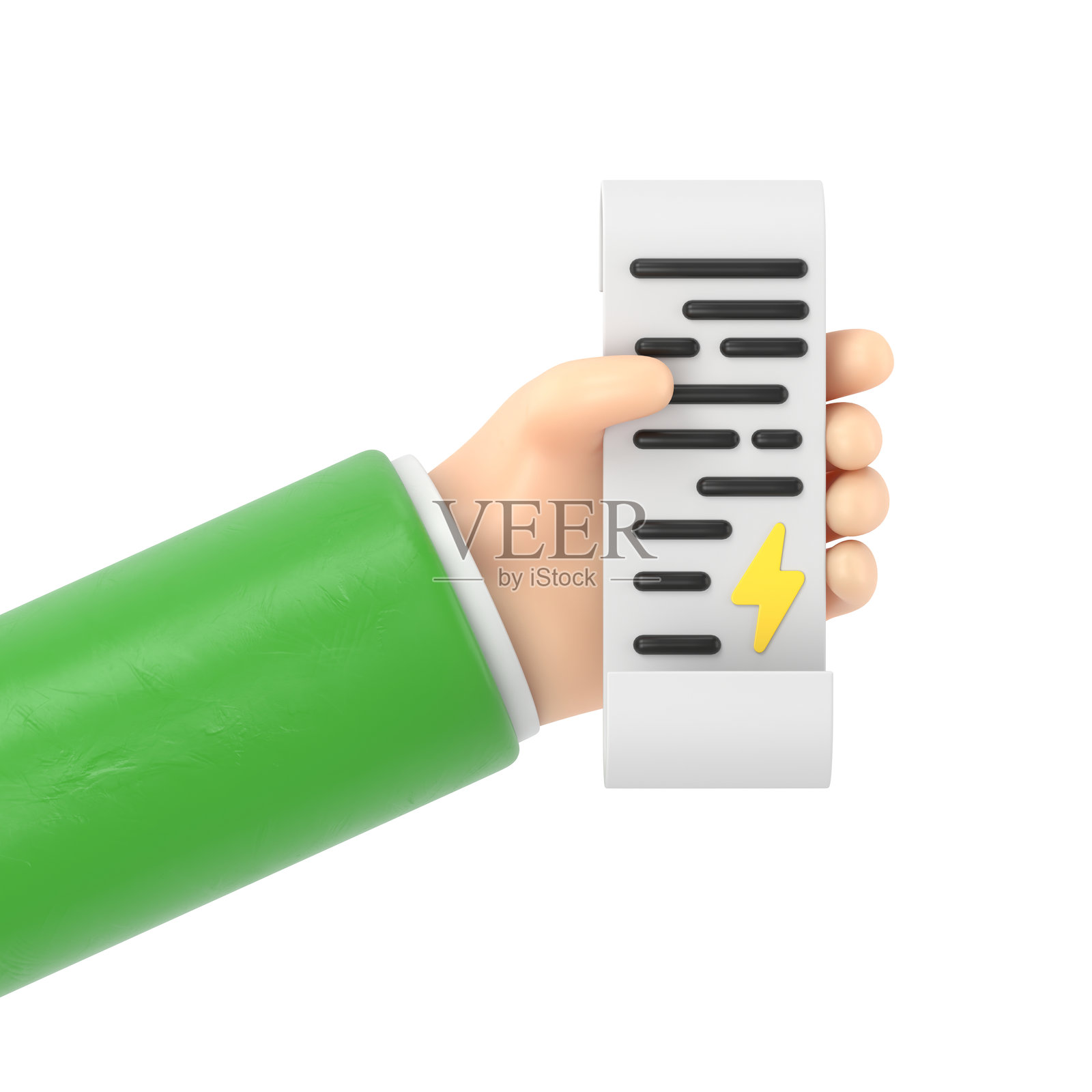 3D女性手握着支付能源账单纸质发票图标设计。卡通塑料渲染电力公用事业收据支付标志。白色背景上的3D渲染。照片摄影图片