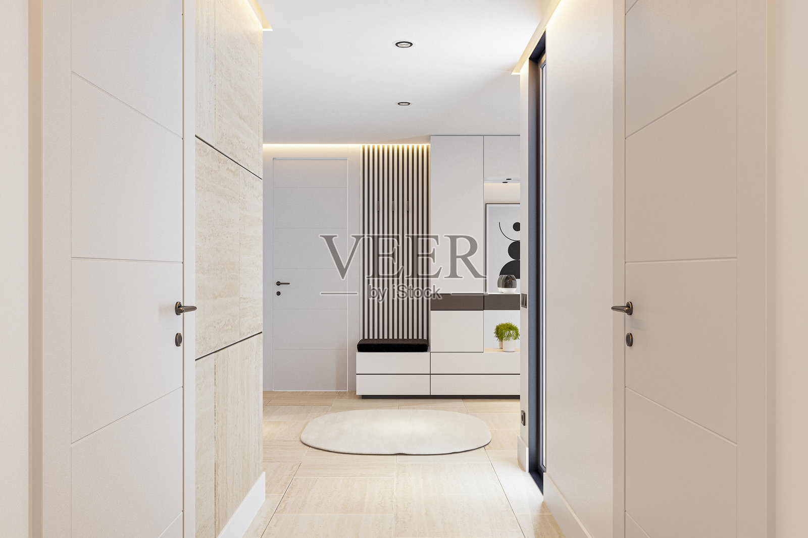 现代明亮的白色公寓入口，配有现代新鲜的设计元素照片摄影图片