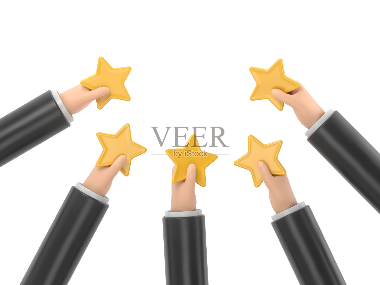 人们角色给予五星反馈。客户选择满意度评分并留下积极评价。客户服务和用户体验概念。平面等距3D插图。白色背景上的3D渲染。照片摄影图片