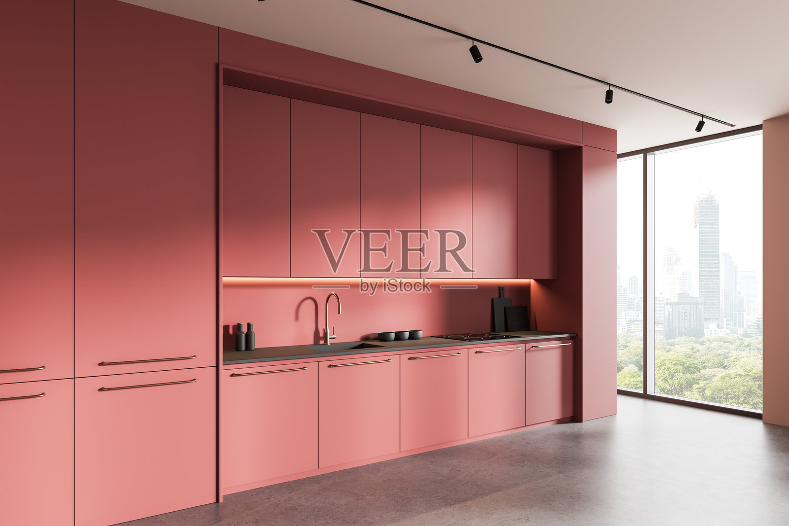 现代粉色厨房室内，极简设计与城市景观。3D渲染照片摄影图片