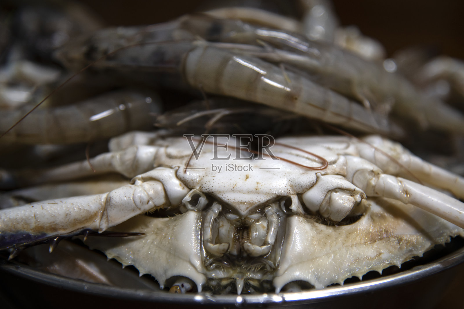 锅中生虾和蓝蟹，准备煮沸前的状态照片摄影图片