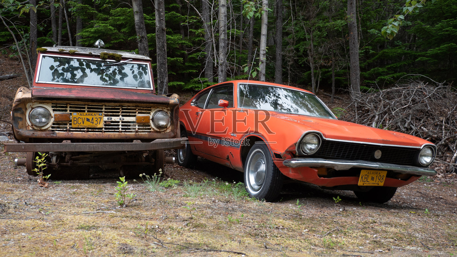 1971年的老款福特布朗科和复古福特马弗里克停在户外。福特马弗里克。老款福特马弗里克和布朗科的正面视图。照片摄影图片