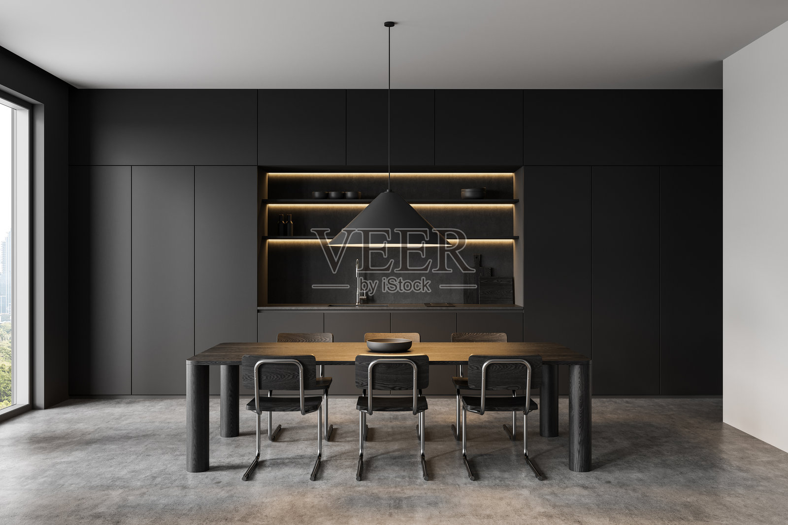 现代厨房室内，配有极简黑色橱柜和餐桌。3D渲染图照片摄影图片