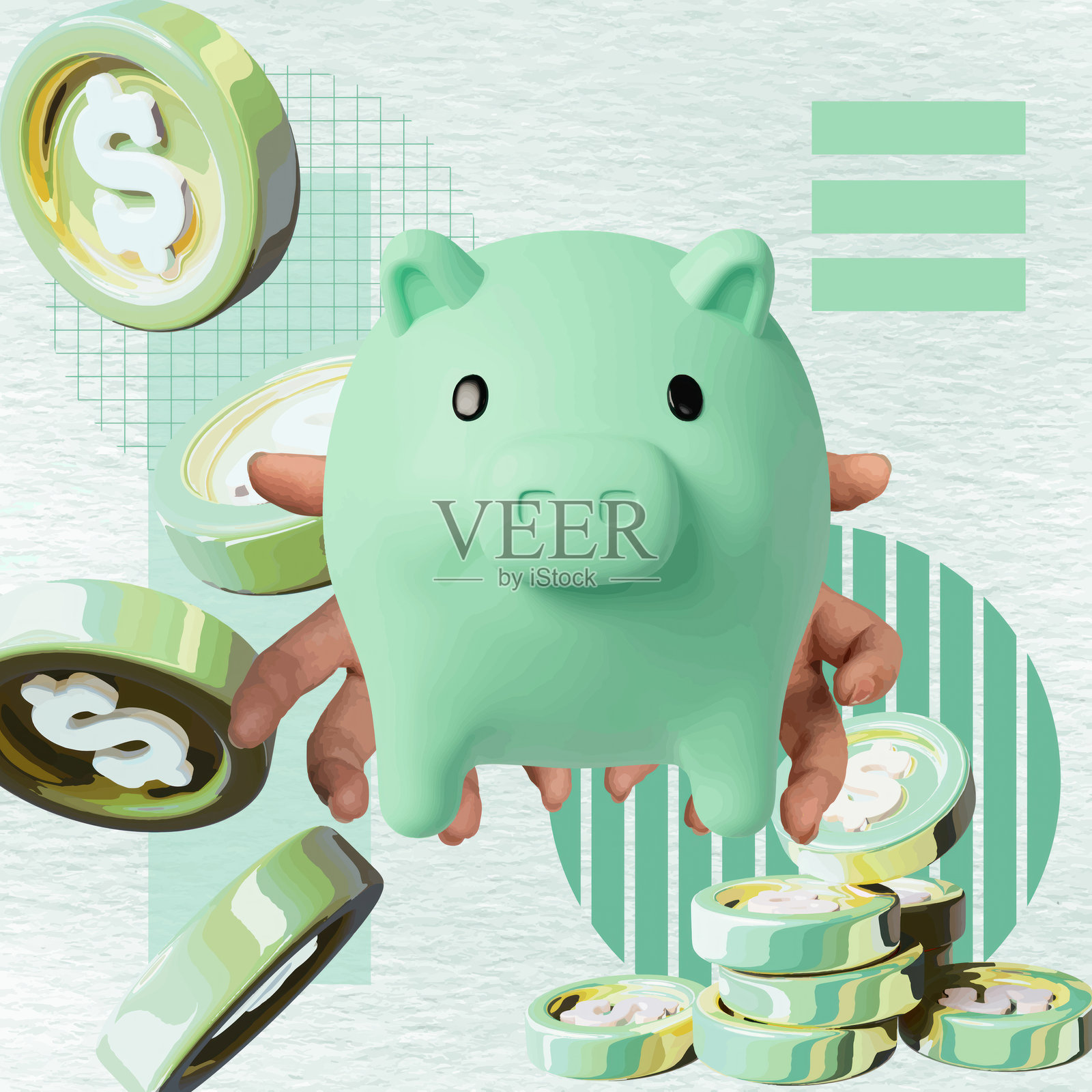 五彩斑斓的储蓄罐被硬币环绕，生动的拼贴画展示储蓄和财务规划，矢量插图照片摄影图片