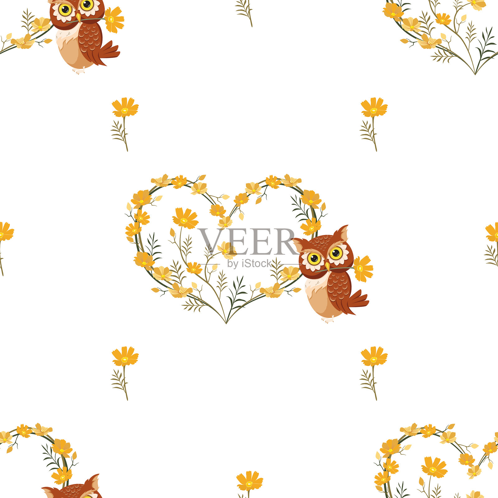 棕色猫头鹰与黄色花朵心形无缝图案，白色背景插画图片素材